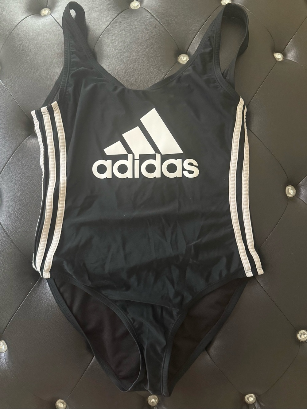 Adidas Black One Piece Swimsuit with White Adidas Logo and Stripes